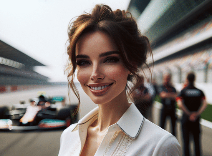 Photo dynamique d'une F1 WAG glamour, souriante et élégante, en arrière-plan flou d'un paddock ou d'une course de F1, capturant l'essence du style et de l'influence.