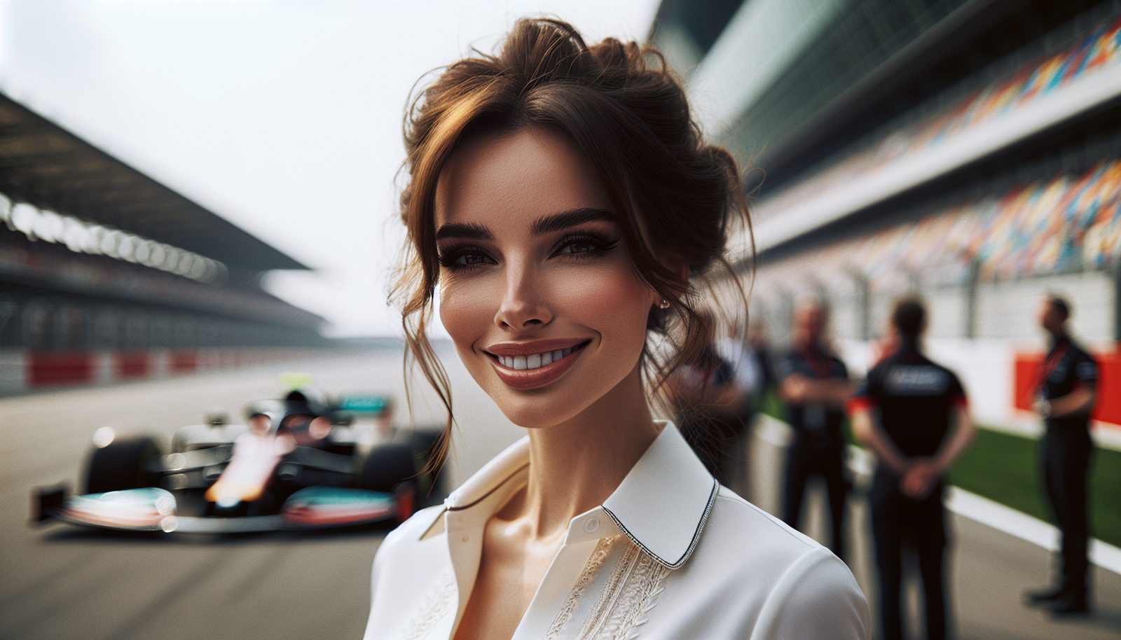Photo dynamique d'une F1 WAG glamour, souriante et élégante, en arrière-plan flou d'un paddock ou d'une course de F1, capturant l'essence du style et de l'influence.