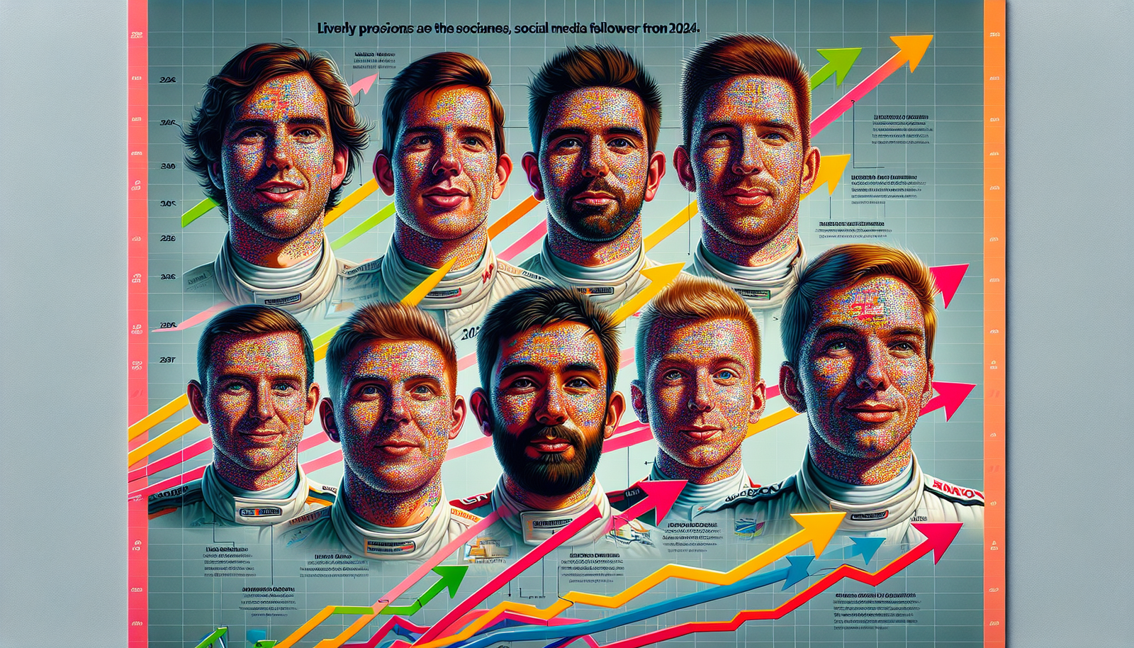 Infographie dynamique et colorée montrant les visages des pilotes de F1 avec des flèches d'évolution de leurs followers Instagram entre 2024 et 2025, mettant en avant les plus fortes croissances.