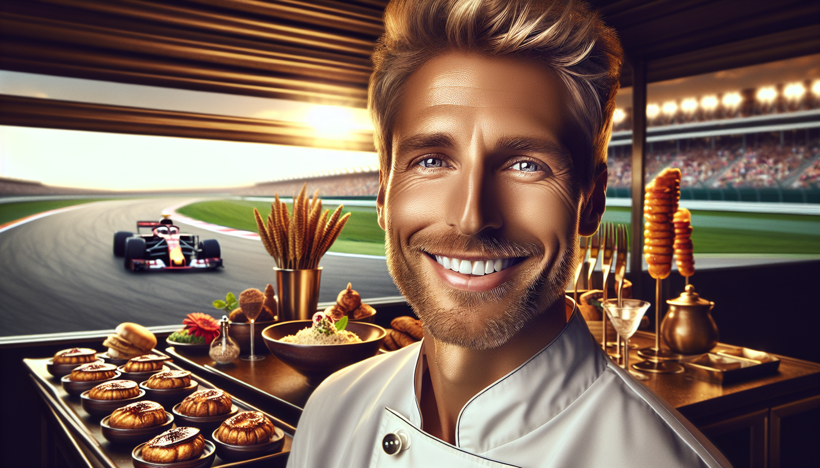 gros plan sur l'émotion de Gordon Ramsay souriant dans un stand de F1 haut de gamme, des plats gastronomiques posés sur une table, atmosphère chic et sportive