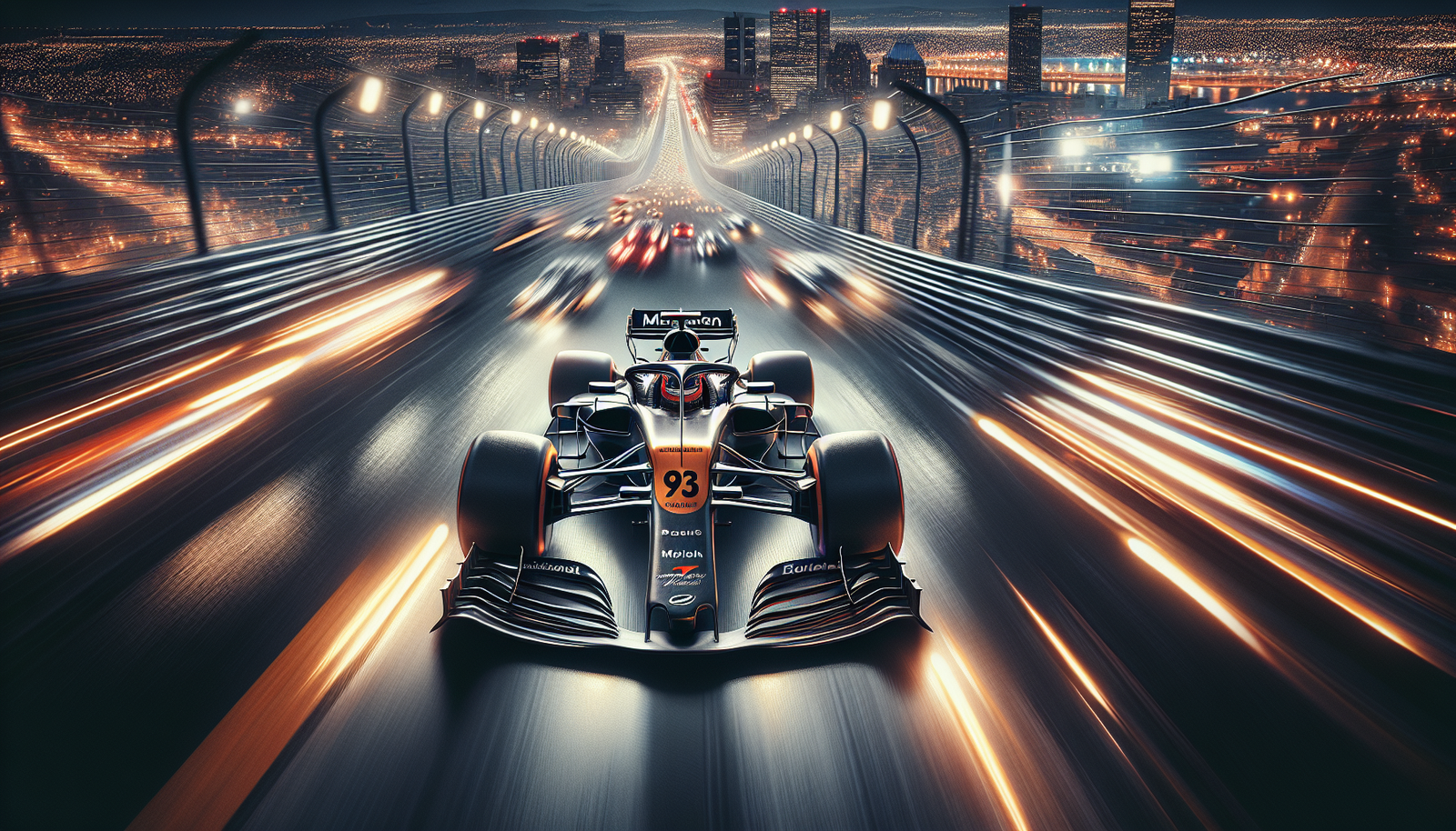 Vue aérienne dynamique d'une voiture de Formule 1 McLaren en pleine accélération sur le circuit de Montréal, lumières de la ville en arrière-plan, ambiance de course nocturne.