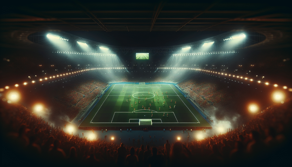 Vue aérienne d'un stade de football féminin rempli à pleine capacité, avec des lumières vives et une ambiance électrique, soulignant l'enthousiasme des fans.