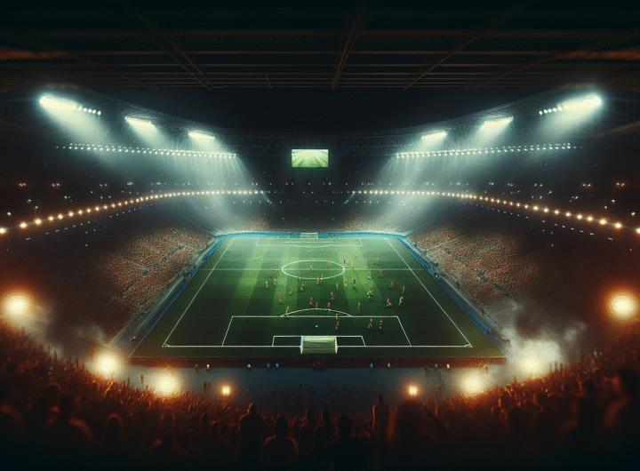 Vue aérienne d'un stade de football féminin rempli à pleine capacité, avec des lumières vives et une ambiance électrique, soulignant l'enthousiasme des fans.