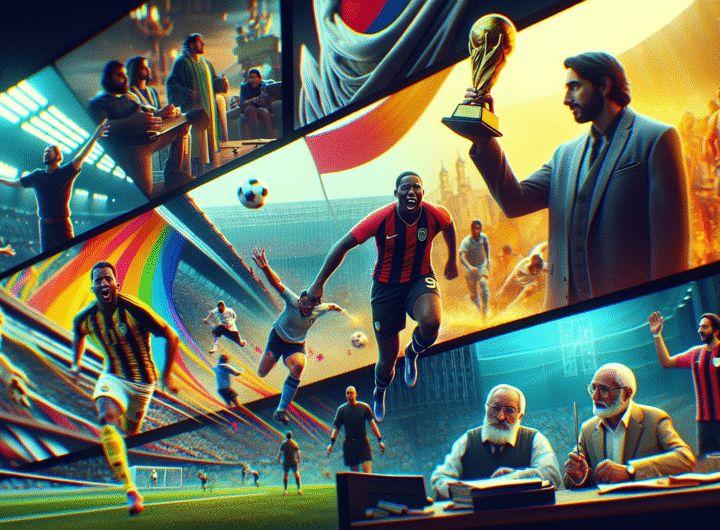 Une mosaïque dynamique d'images représentant Ousmane Dembélé en pleine action, le président du PSG Nasser Al-Khelaïfi brandissant un trophée, un arbitre au centre d'une altercation, et un joueur de football (Jérémie Boga) en tenue de voyage, le tout sur un fond abstrait de stades et de logos de clubs. Style montage rapide et percutant, couleurs vives pour l'engagement.