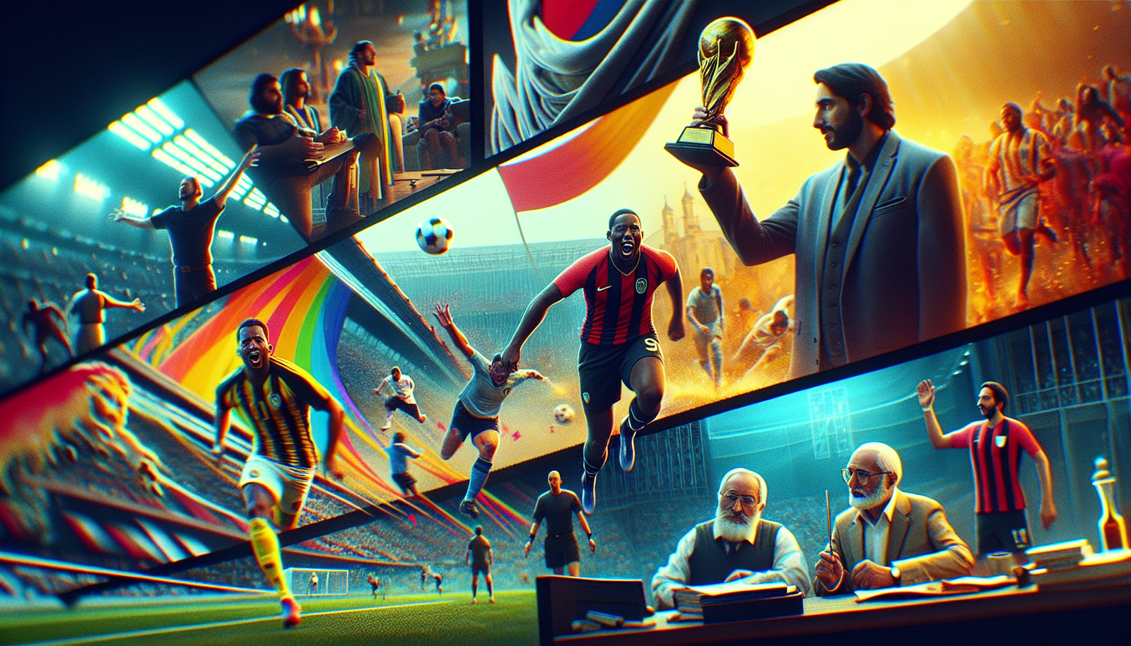 Une mosaïque dynamique d'images représentant Ousmane Dembélé en pleine action, le président du PSG Nasser Al-Khelaïfi brandissant un trophée, un arbitre au centre d'une altercation, et un joueur de football (Jérémie Boga) en tenue de voyage, le tout sur un fond abstrait de stades et de logos de clubs. Style montage rapide et percutant, couleurs vives pour l'engagement.