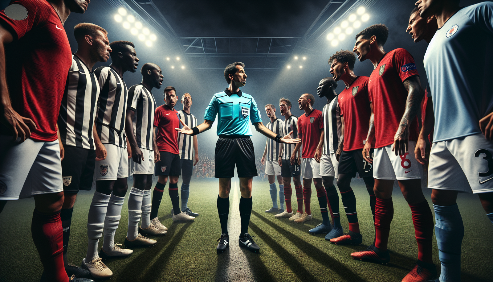 Un arbitre prenant une décision controversée au centre d'un terrain de football, avec des joueurs réagissant de manière intense et passionnée autour de lui. Lumière dramatique pour accentuer la tension et le désaccord.