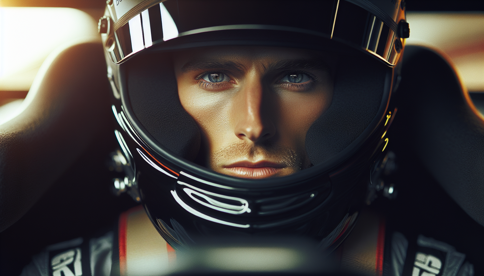 Gros plan ultra-réaliste sur le visage concentré et déterminé de Max Verstappen, prêt à attaquer, dans son cockpit juste avant le départ d'une course, reflets de lumières sur son casque.