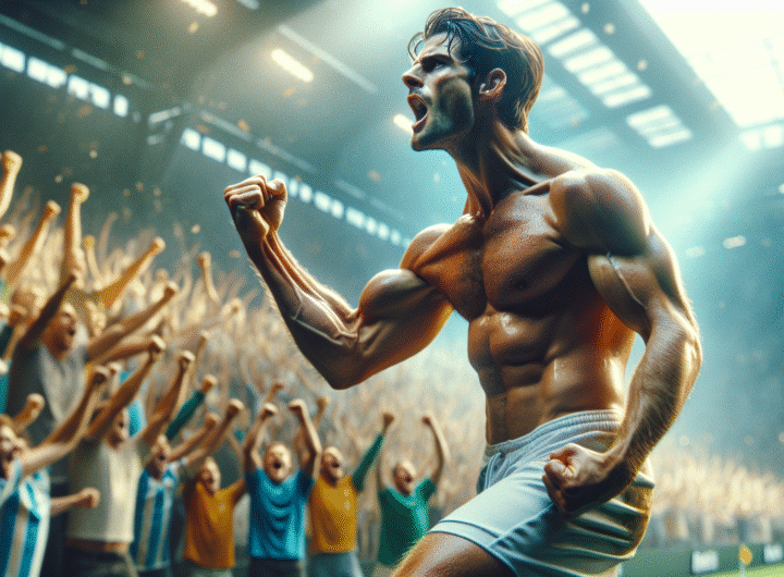 Photo d'action ultra-réaliste d'Erling Haaland célébrant un but avec un visage déterminé, poing levé, les yeux fixés sur la foule en délire.