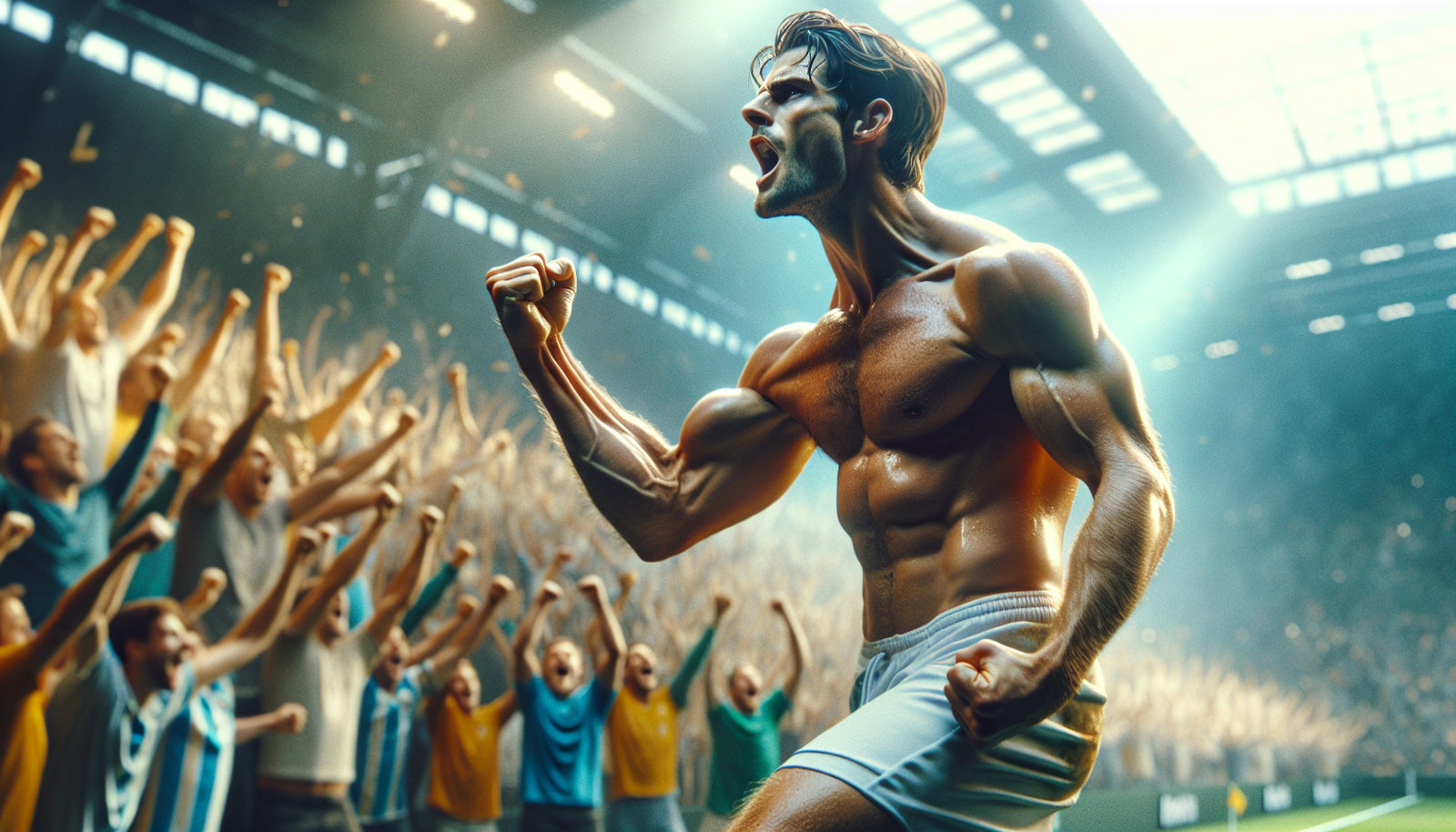 Photo d'action ultra-réaliste d'Erling Haaland célébrant un but avec un visage déterminé, poing levé, les yeux fixés sur la foule en délire.