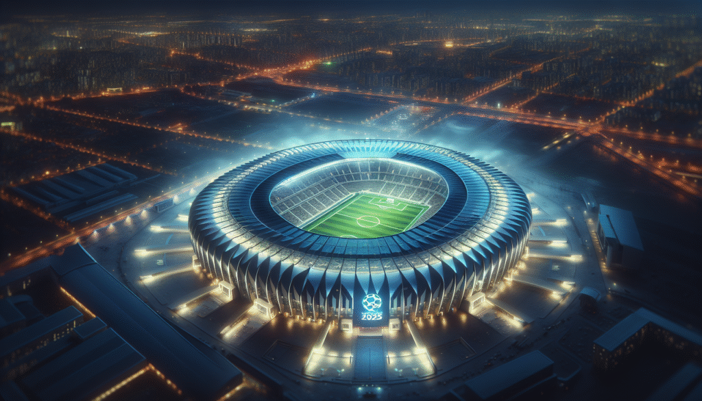 Vue aérienne du MetLife Stadium illuminé la nuit, avec le logo stylisé de la Coupe du Monde des Clubs 2025 projeté sur le terrain, ambiance électrisante et futuriste.
