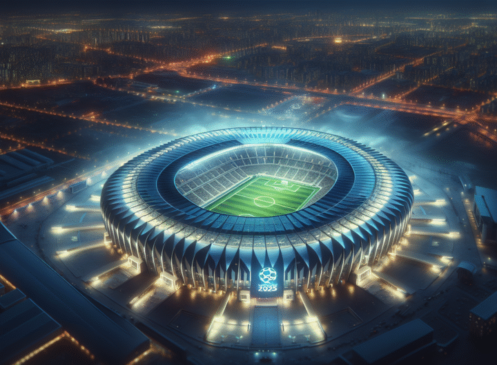 Vue aérienne du MetLife Stadium illuminé la nuit, avec le logo stylisé de la Coupe du Monde des Clubs 2025 projeté sur le terrain, ambiance électrisante et futuriste.