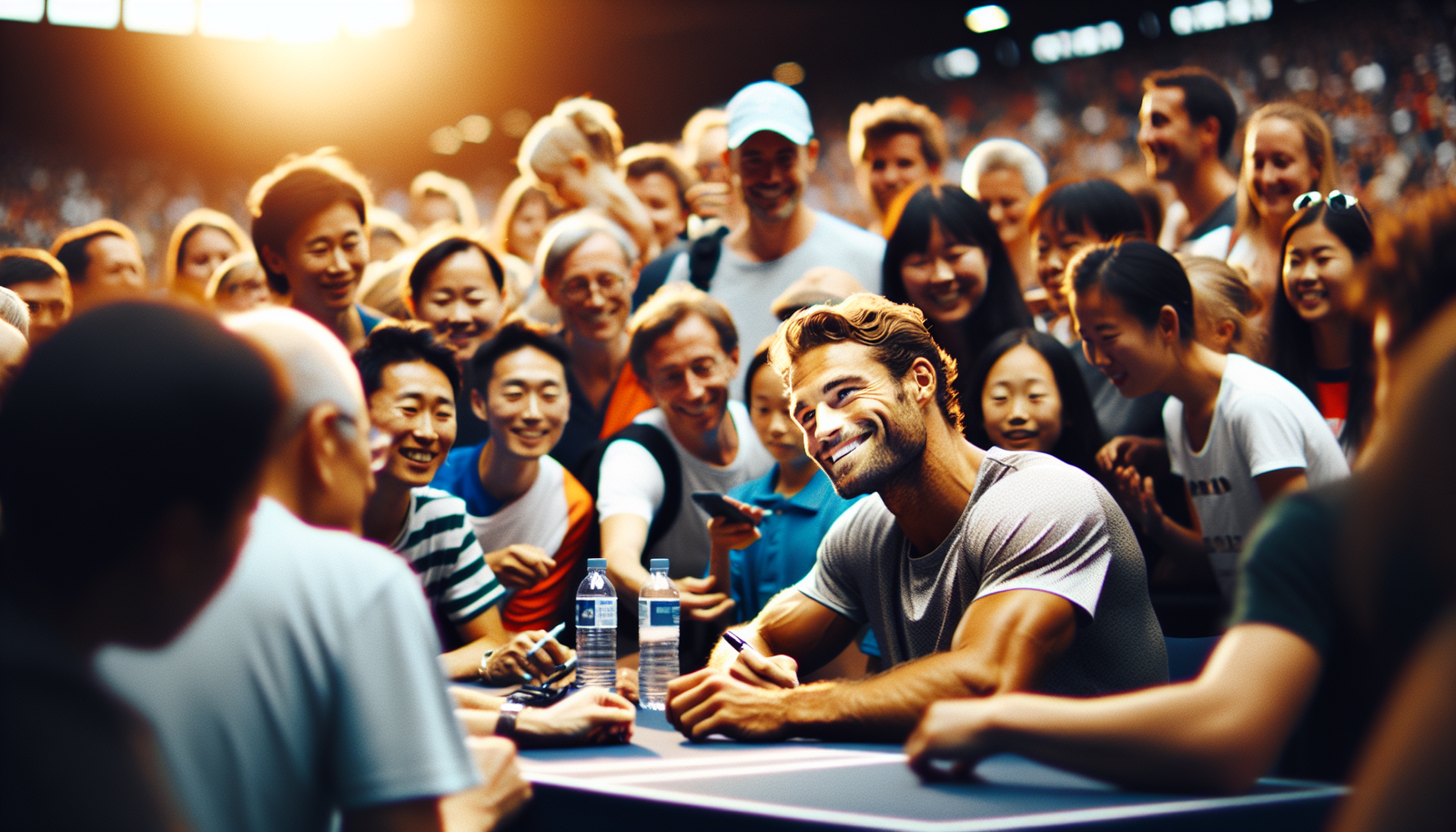 Andy Murray interagissant avec des fans lors d'une session d'entraînement ou d'une tournée, ambiance chaleureuse et décontractée, autographes, sourires