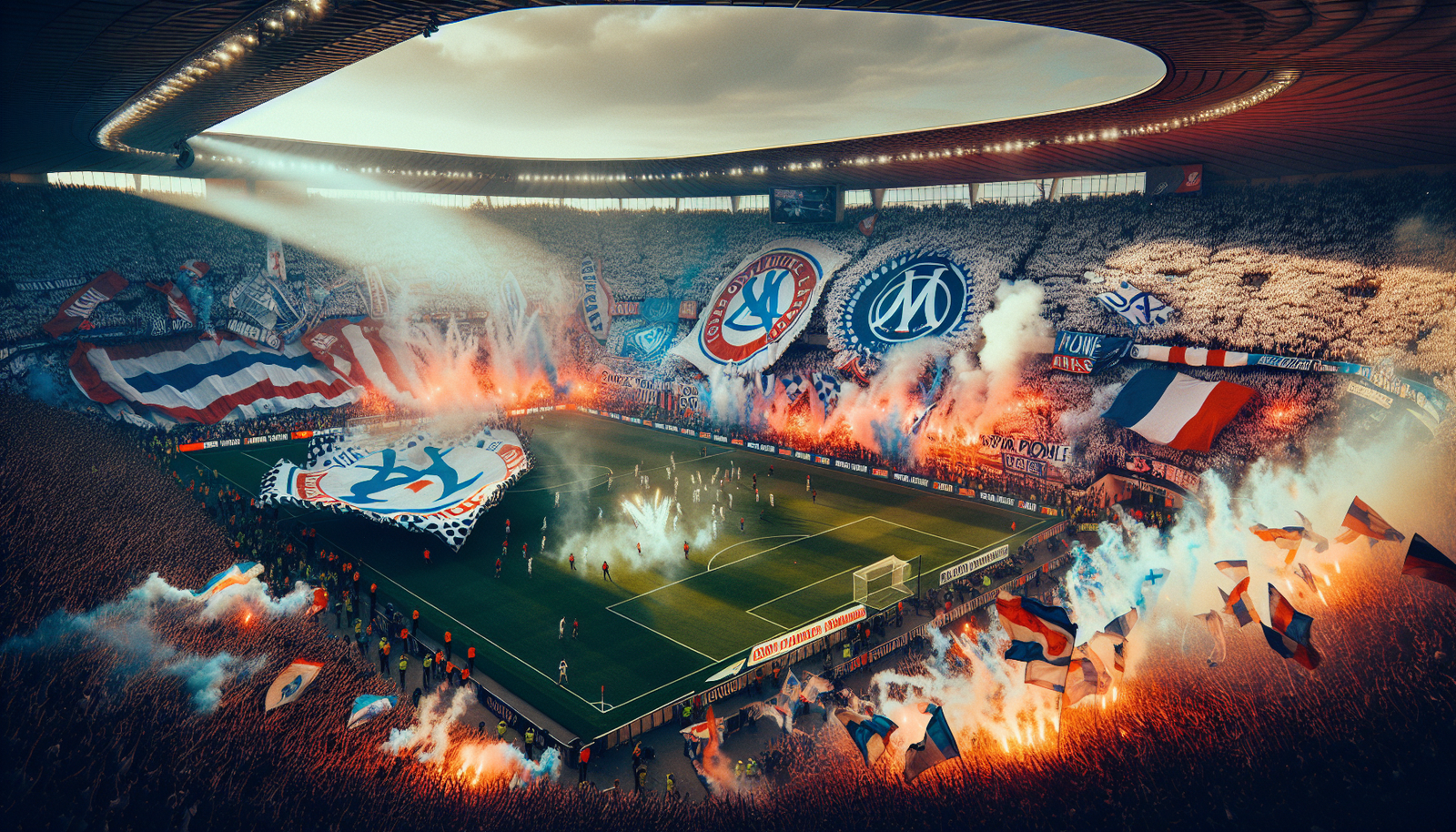 Photo ultra-réaliste du Stade Vélodrome rempli à craquer lors d'un Classique, tifos géants et fumigènes, ambiance de folie, couleurs olympiennes dominant.