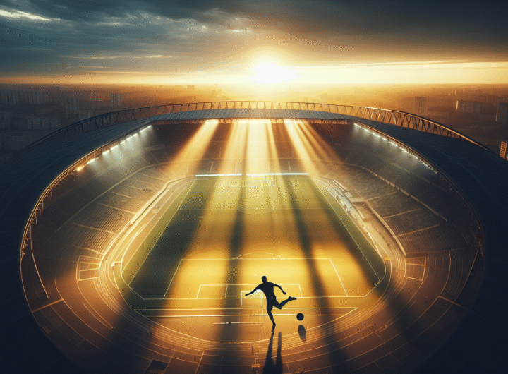 Vue aérienne stylisée d'Anfield avec un faisceau lumineux doré pointant vers un joueur silhouette en pleine action, symbolisant une cible de transfert majeure et onéreuse.