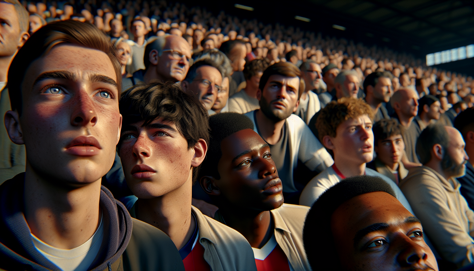 Foule de supporters dans un stade, certains l'air interrogatif, d'autres discutant passionnément et l'air concerné, reflétant le débat et les diverses réactions des fans face aux nouvelles offres d'abonnement de la Ligue 1.