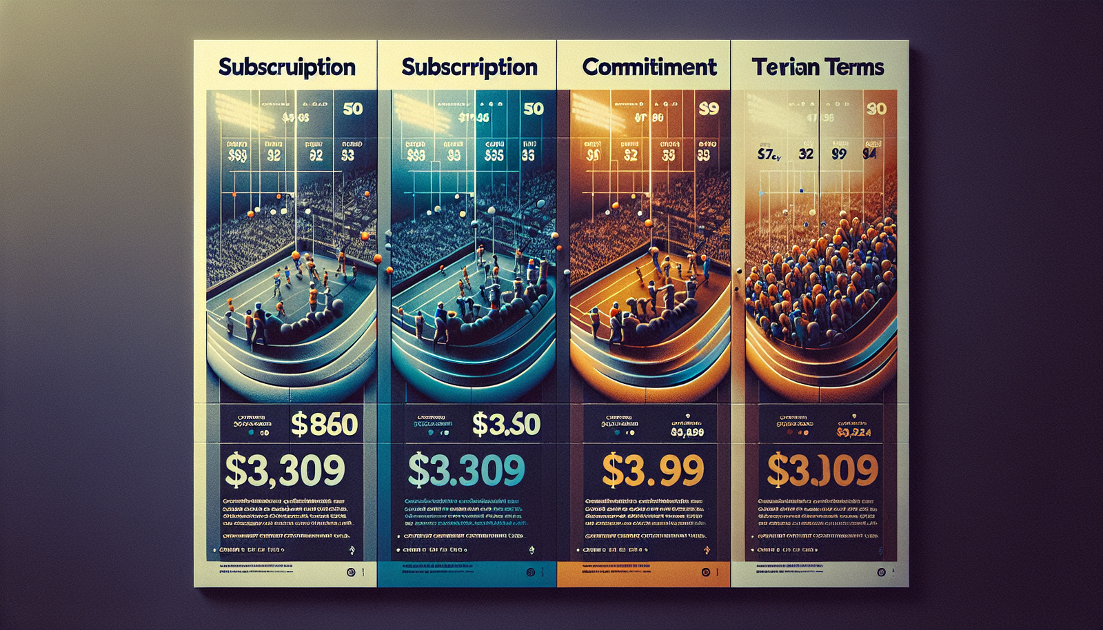 Graphique stylisé et dynamique comparant les trois différentes offres d'abonnement Ligue 1+ avec les prix, les conditions d'engagement et le nombre d'utilisateurs simultanés. Les chiffres clés sont mis en évidence.